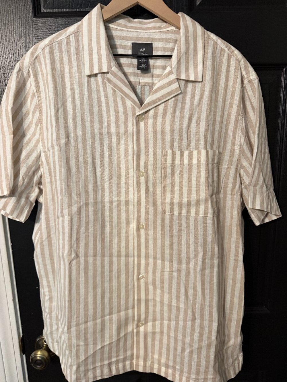 Like New Men's H&M Linen Short Sleeve Shirt Striped Tan White XL